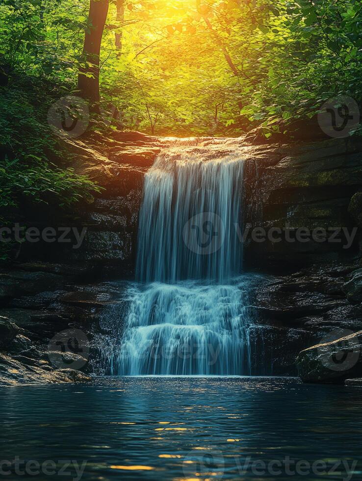 Waterfall cascading into a crystal clear pond in a lush green forest photo