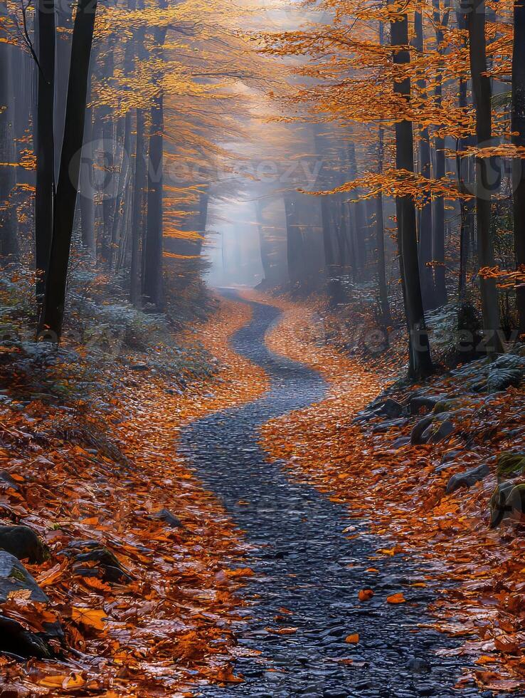 Foggy path through the autumn forest photo