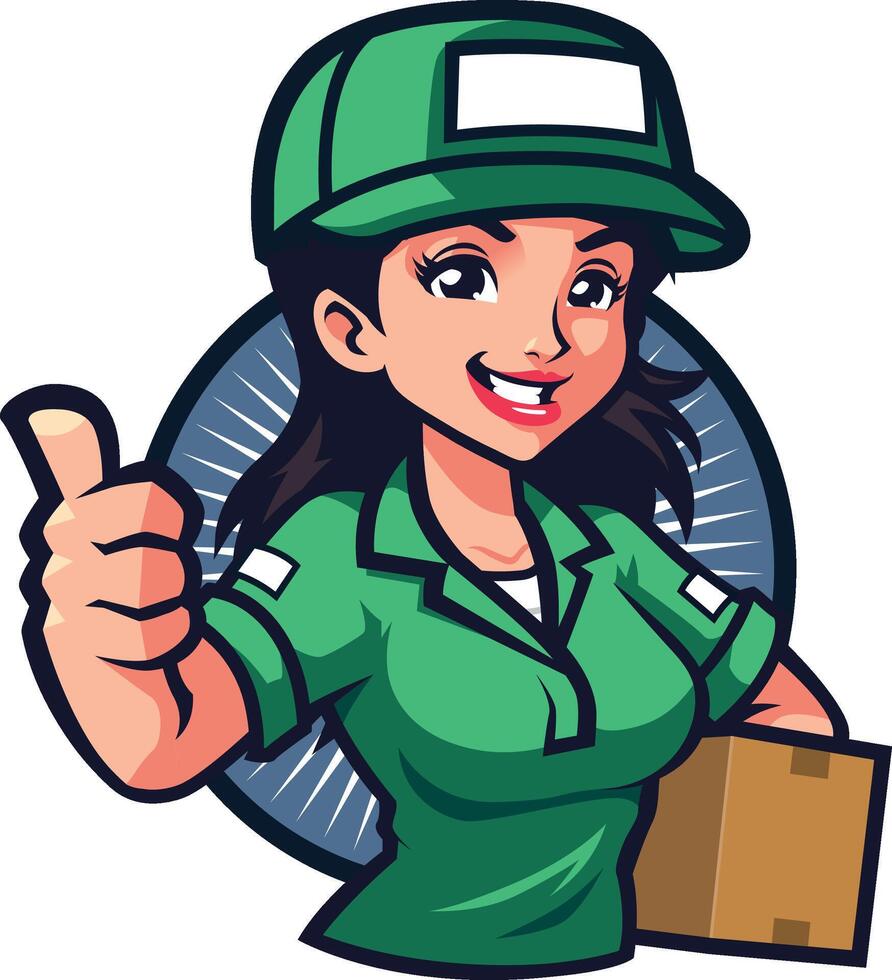 Smiling delivery woman holding package and making thumbs up gesture vector