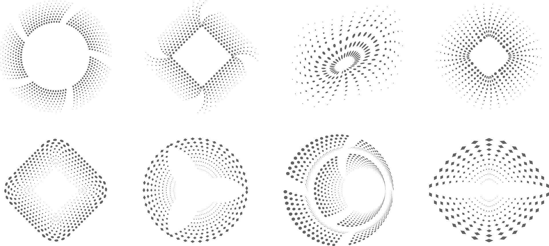 Eight halftone dotted spiral and circular shapes creating a dynamic and hypnotic effect vector