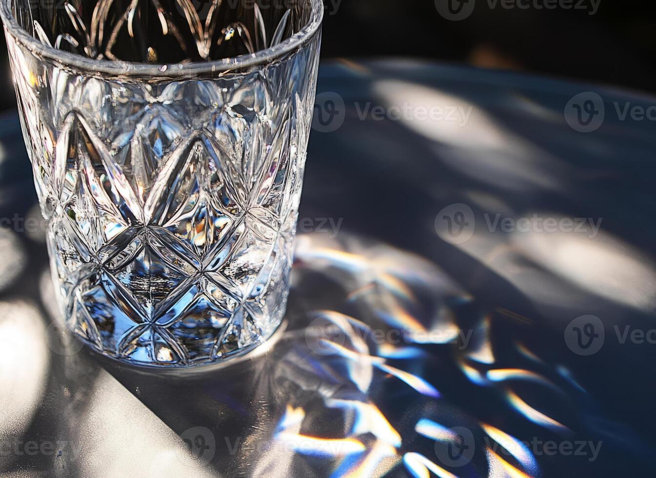 Glass reflecting sunlight on white table photo
