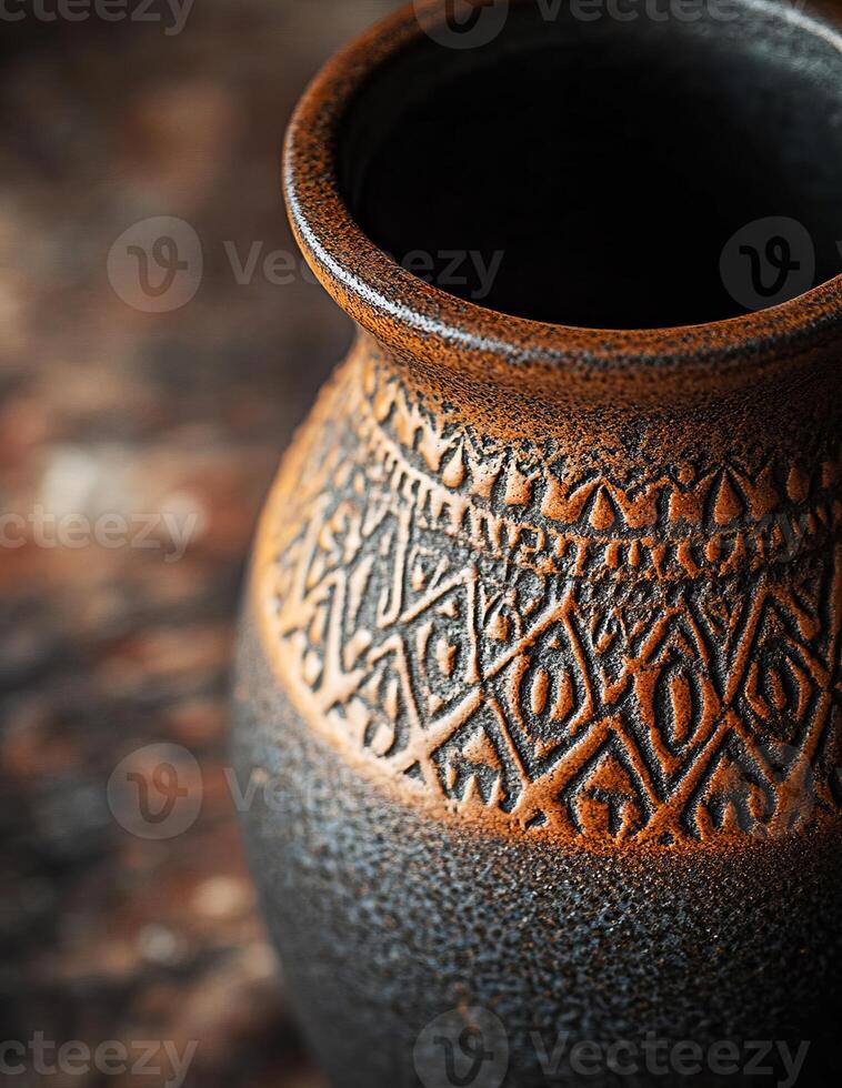 Elegant mocha mousse colored ceramic vase with engraved rhombus pattern photo