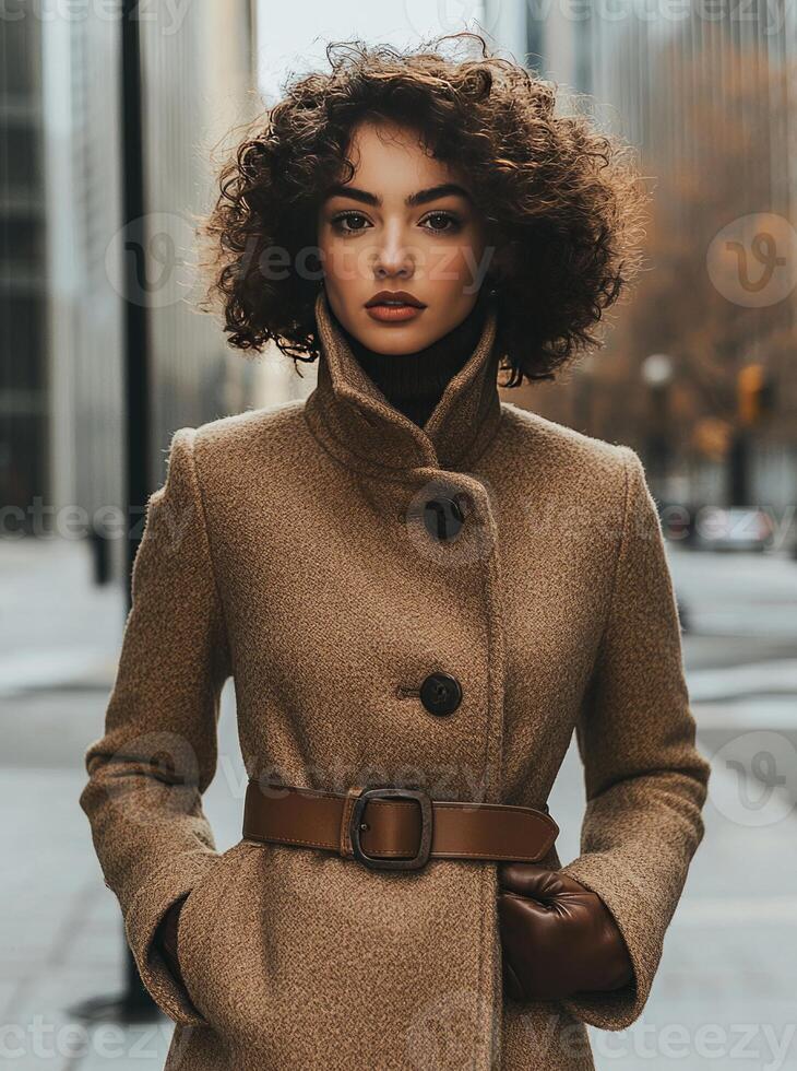 Stylish woman wearing brown coat and leather gloves in urban setting photo