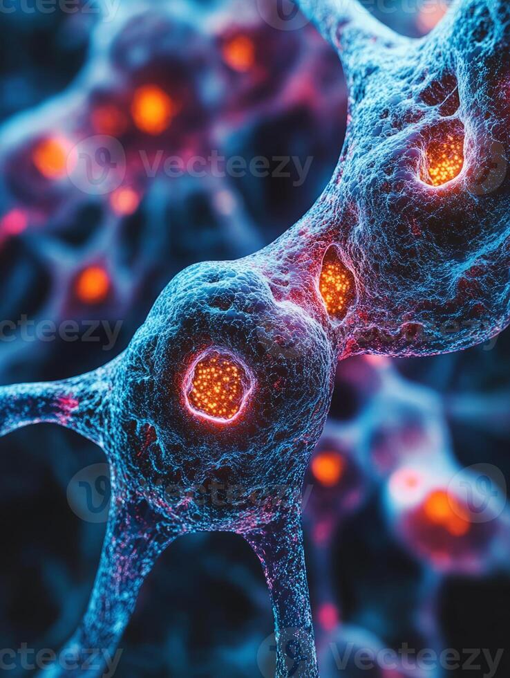 Microscopic views of neuron cells firing and communicating with synapses photo