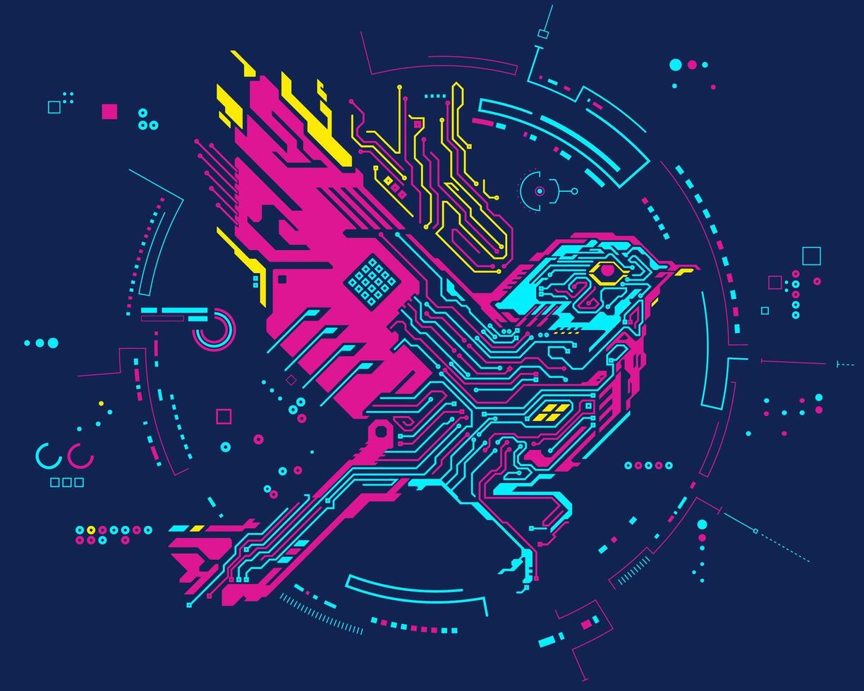 concept of futuristic technology of AI - artificial intelligence, graphic of robotic bird flying with cyberspace element vector
