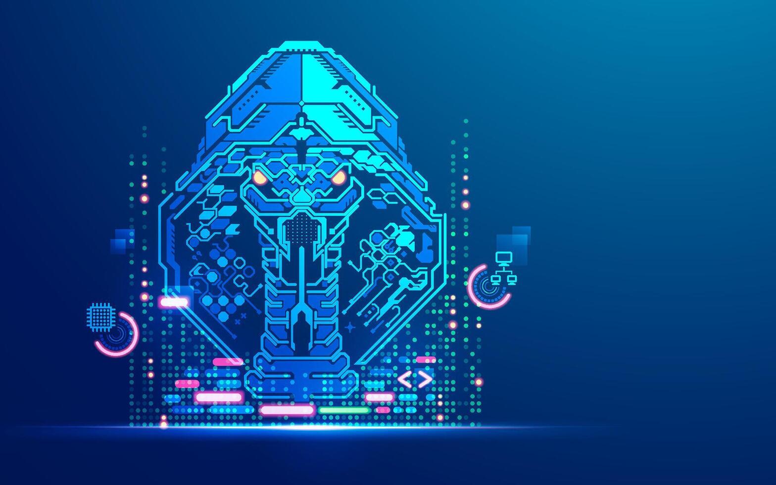 concept of cyber attack or hacker, graphic of futuristic snake presented in computer hacker character vector