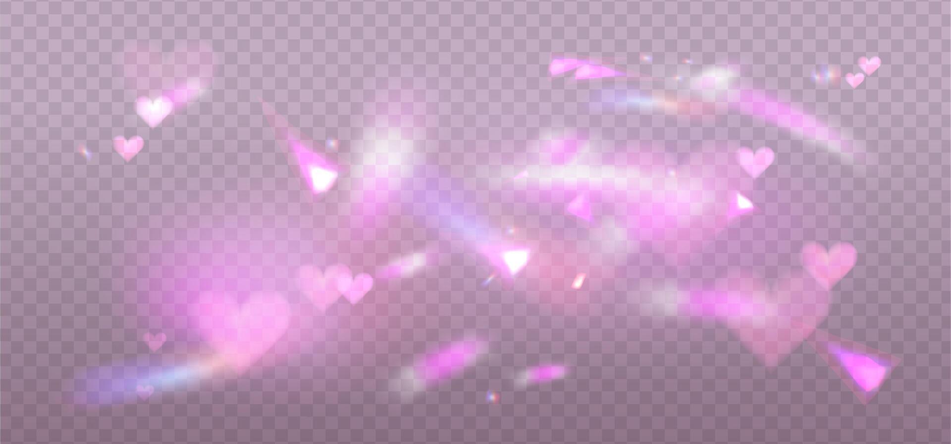 Prism pink romantic light sparkles overlay, crystal shine of heart light with flares. Prism light glasses or lens flare spectrum of gem glass refraction and sunlight shiny dispersion. vector