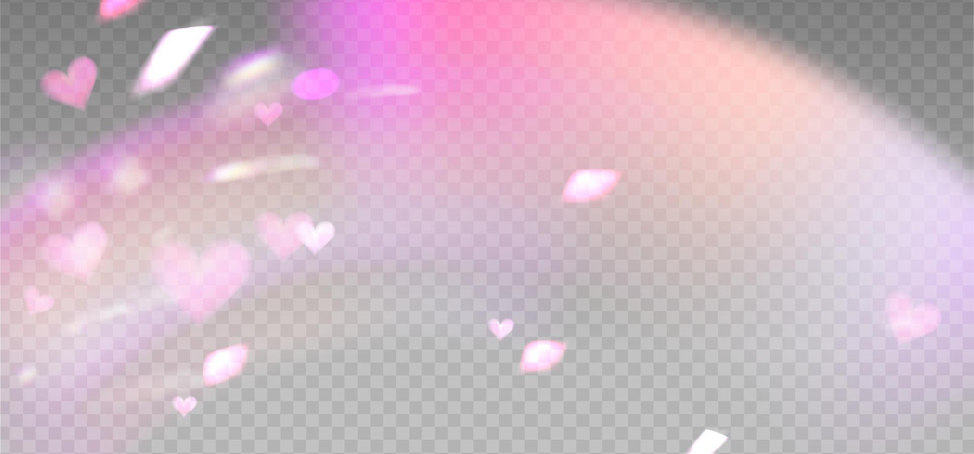 Prism pink light flare effect in motion, lovely light overlay background with warm shine of crystal glass, heart shiny glow. Prism light dispersion with rays and shiny glares effect. vector