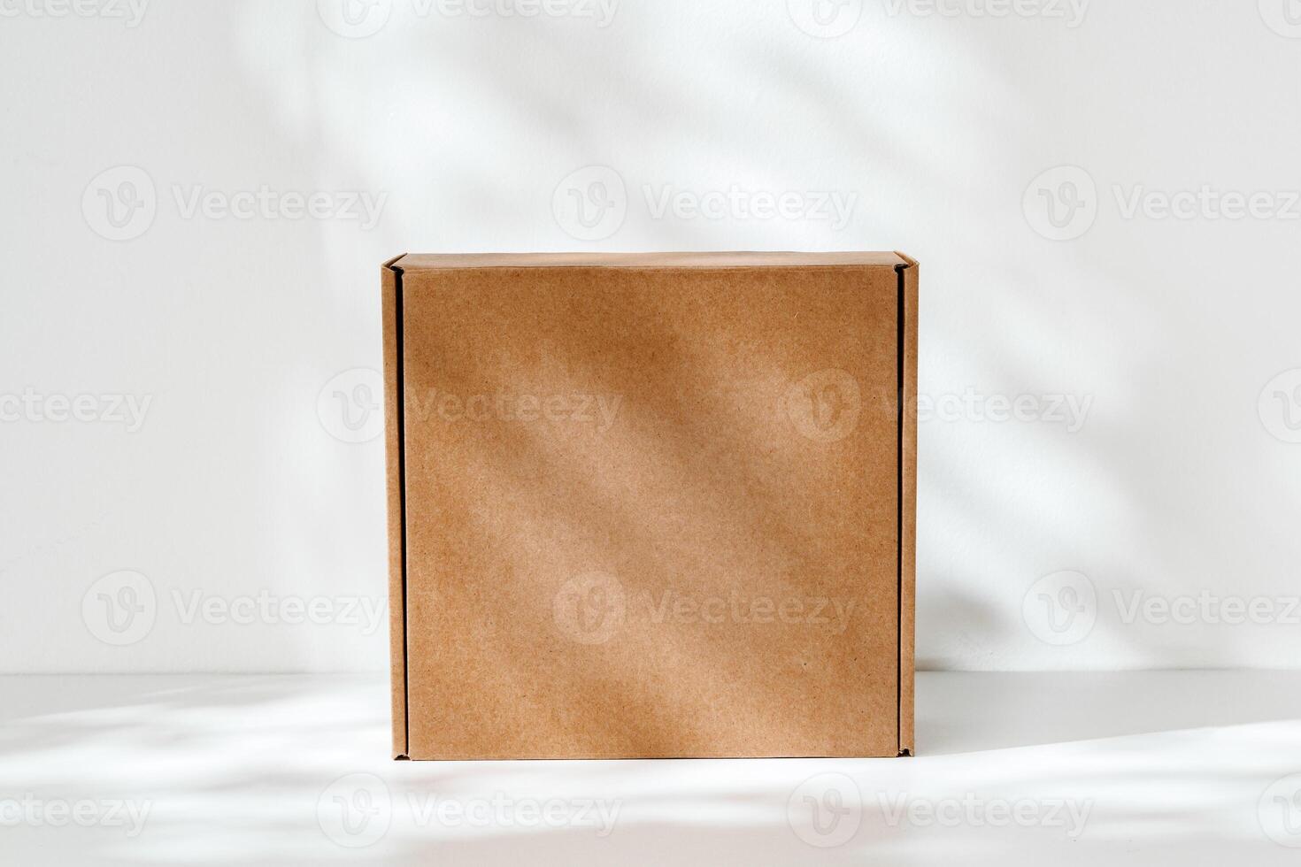 Simple brown cardboard box positioned on a white surface with soft angled shadows in natural light photo