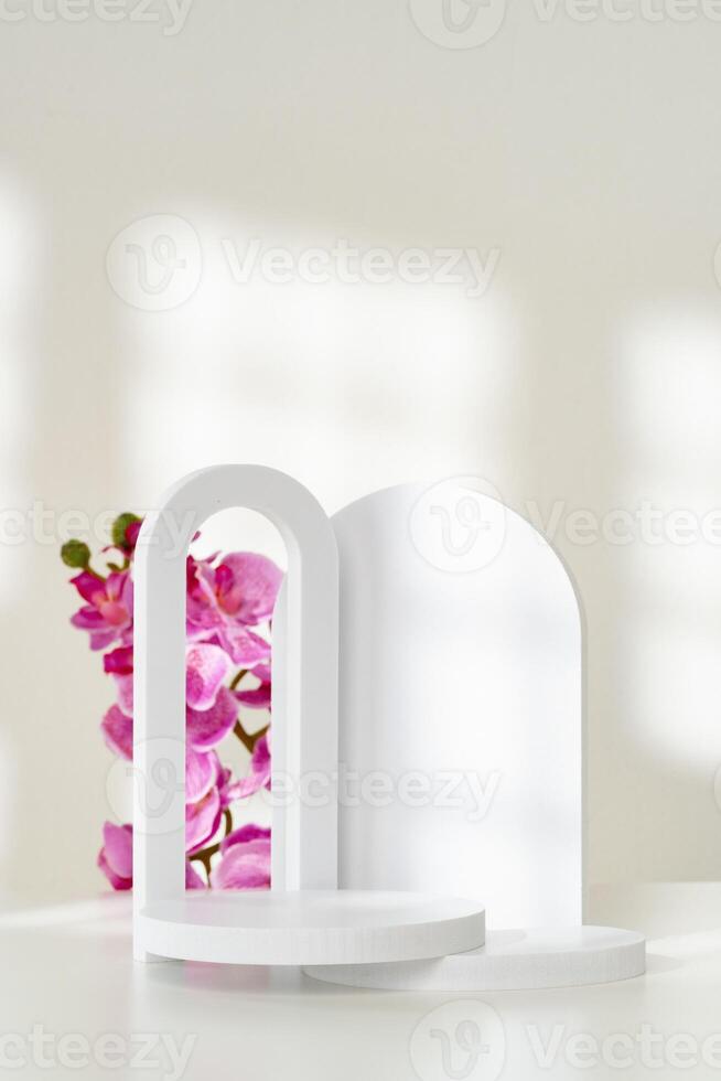 Delicate Blossoms Arranged near a Blank Circular Surface on a Soft Background photo