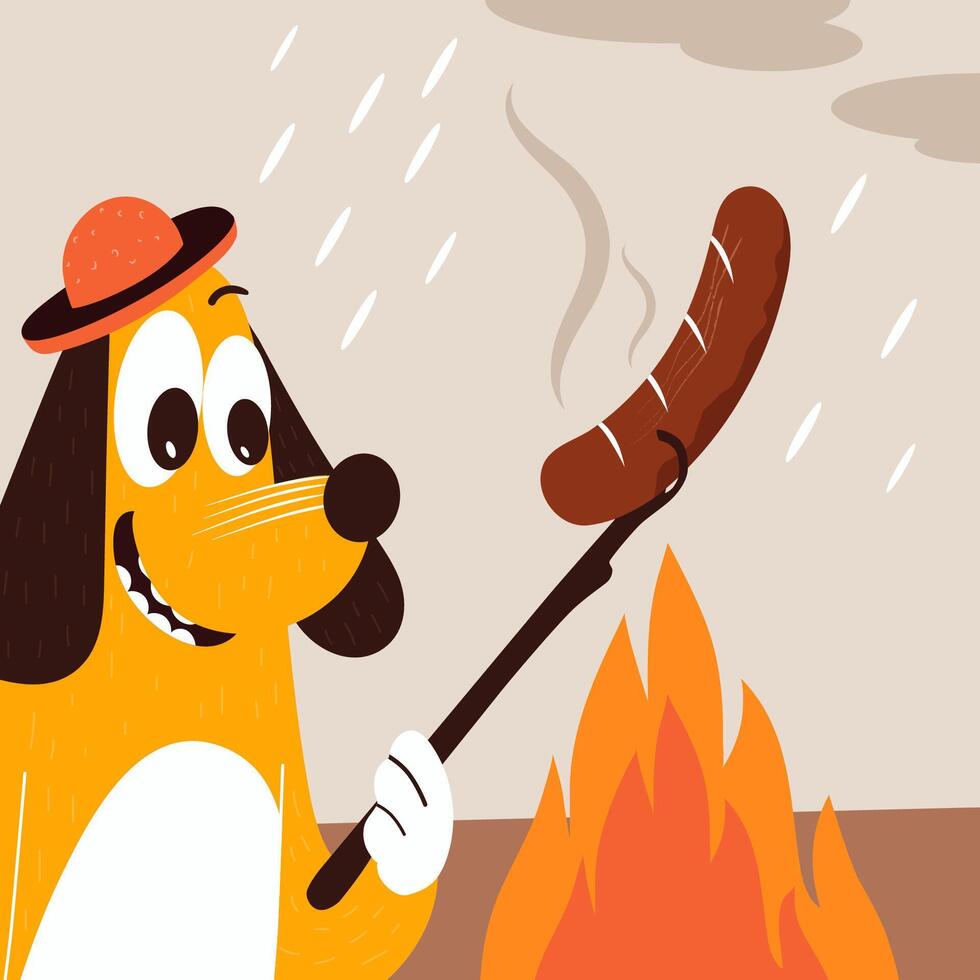 Dog cooking in barbecue on background of clouds vector