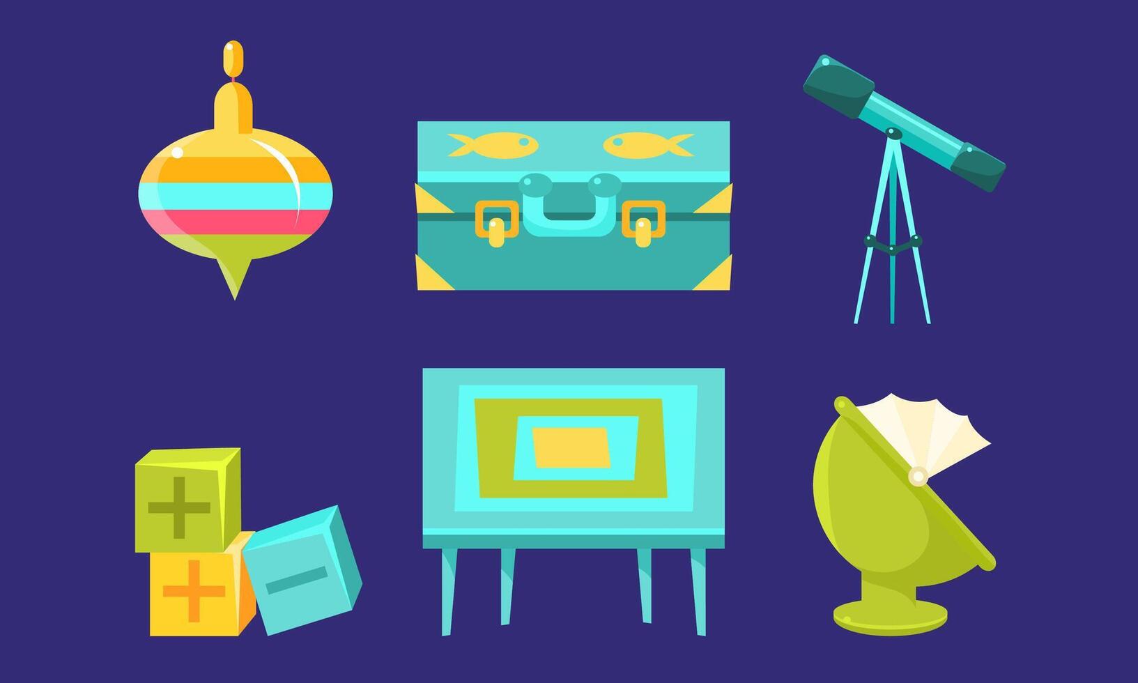 Kid Toys and Baby Care Supplies Set, Child Belongings, Whirligig, Suitcase, Telescope, Blocks, Chair Illustration vector