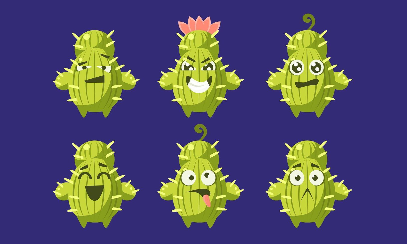 Cute Funny Cactus Characters Set, Funny Succulent Plants with Different Emotions Illustration vector