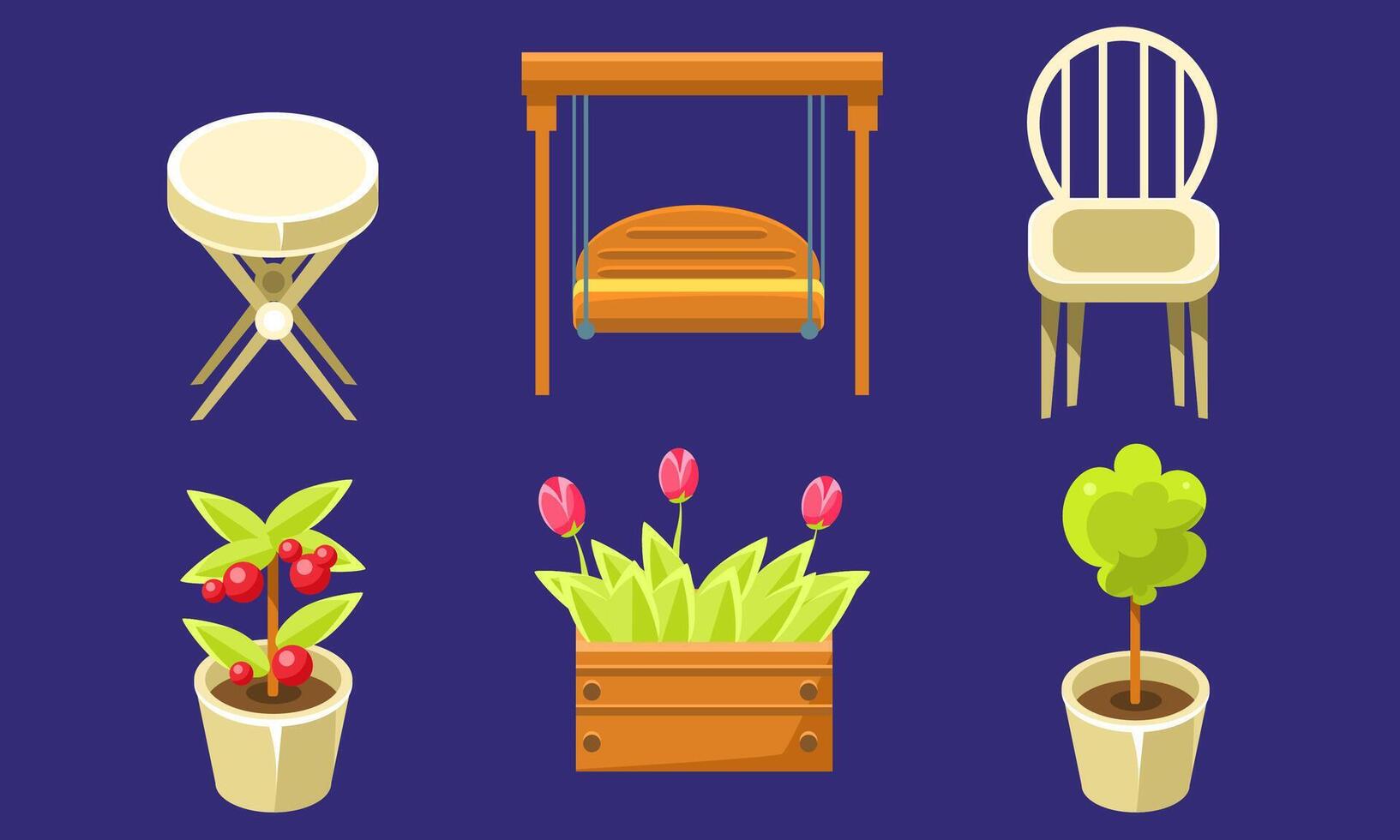 Garden Landscape Design Elements Set, Tulips in Wooden Box, Plants in Flower Pots, Chair, Swing Illustration vector