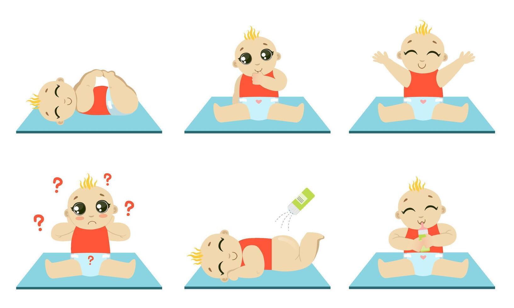 Cute Happy Baby Daily Routine Set, Adorable Kid Sitting, Playing, Drinking Milk Illustration vector