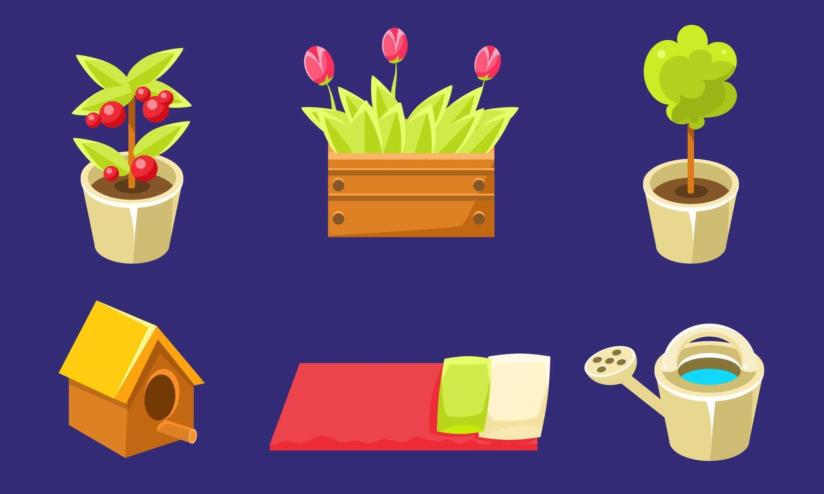 Garden Landscape Design Elements Set, Tulips in Wooden Box, Plants in Flower Pots, Chair, Doghouse, Watering Can Illustration vector