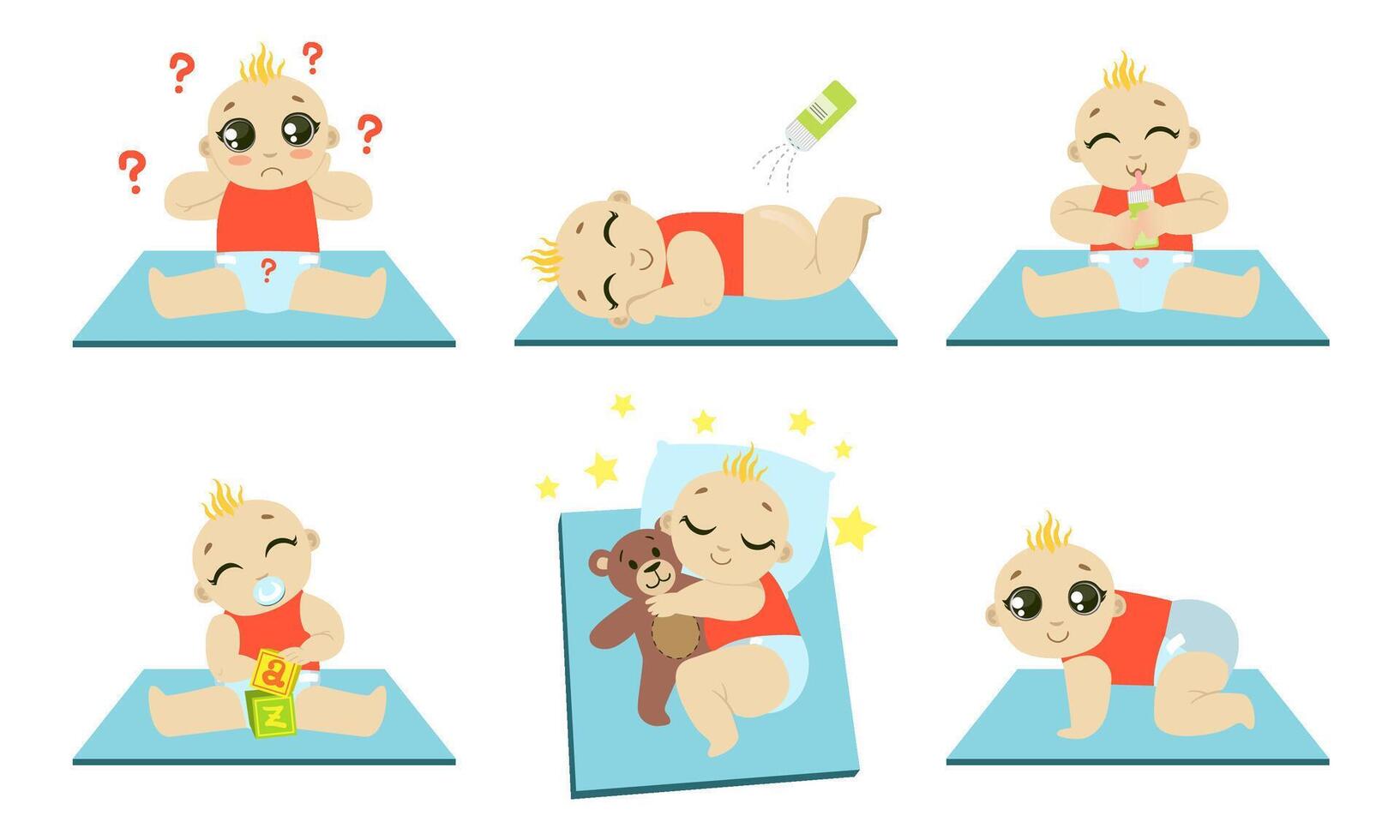 Cute Happy Baby Daily Routine Set, Adorable Kid Sleeping, Playing, Drinking Milk, Crawling Illustration vector