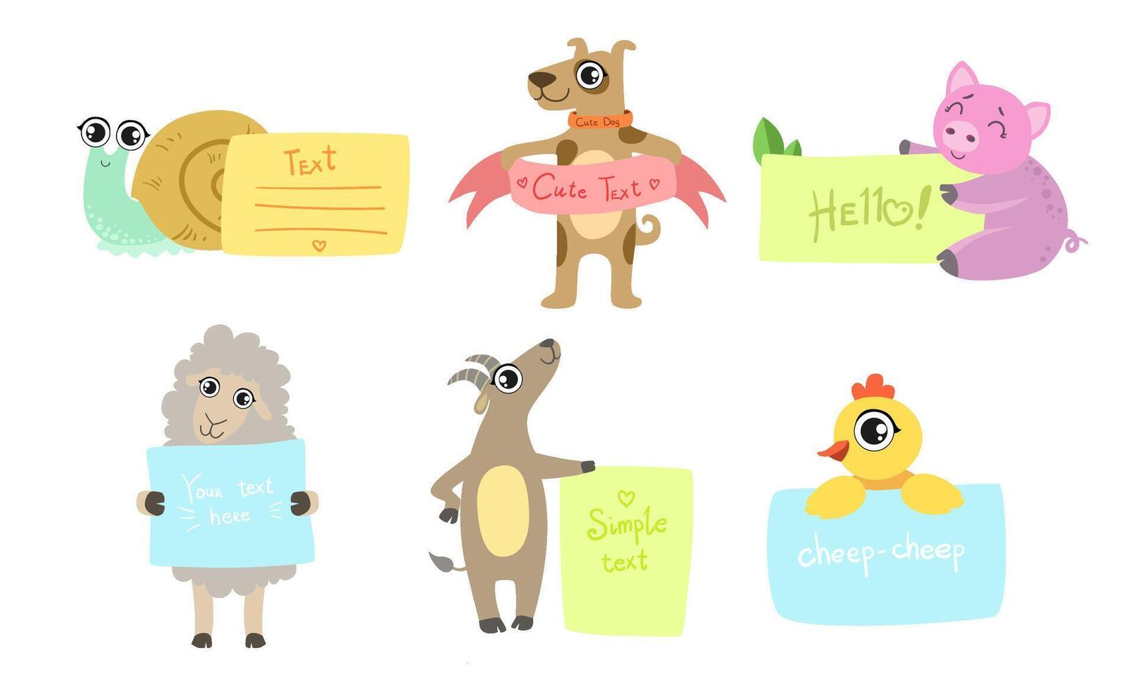 Cute Animals Holding Banners Set, Adorable Happy Cartoon Characters Standing with Blank Sheets of Paper, Snail, Dog, Pig, Sheep, Goat, Chicken Illustration vector