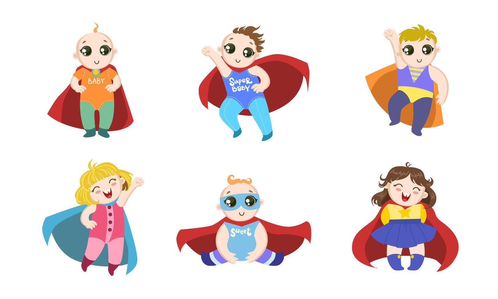 Cute Superhero Toddler Babies Set, Happy Adorable Boys and Girls in Costumes of Superhero and Capes Illustration vector