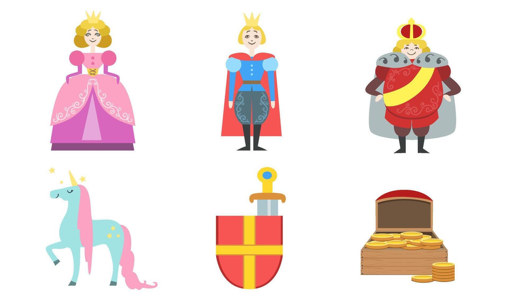 Cute Fairy Tales Characters Set, Princess, Prince, King, Unicorn, Shield and Sword, Chest Full of Gold Illustration vector