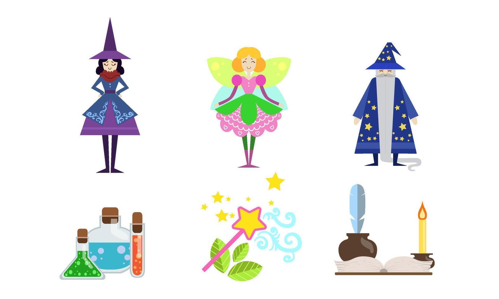 Fairytale Fantasy Characters with Magical Equipment Set, Witch, Fairy, Sorcerer, Potion, Magic Wand, Magic Book Illustration vector