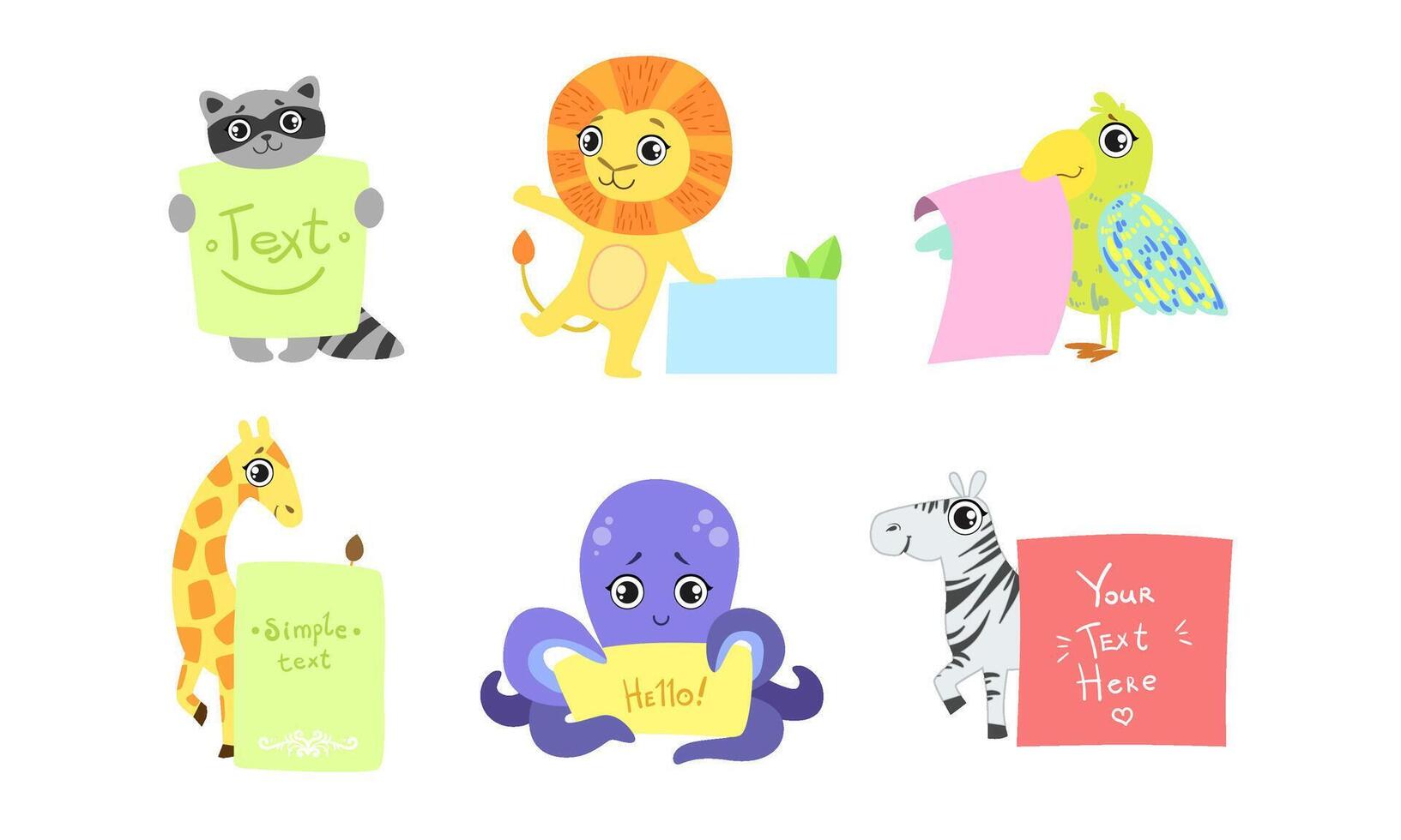 Cute Animals Holding Banners Set, Adorable Happy Cartoon Characters Standing with Blank Sheets of Paper, raccoon, Lion, Bird, Giraffe, Octopus, Zebra Illustration vector