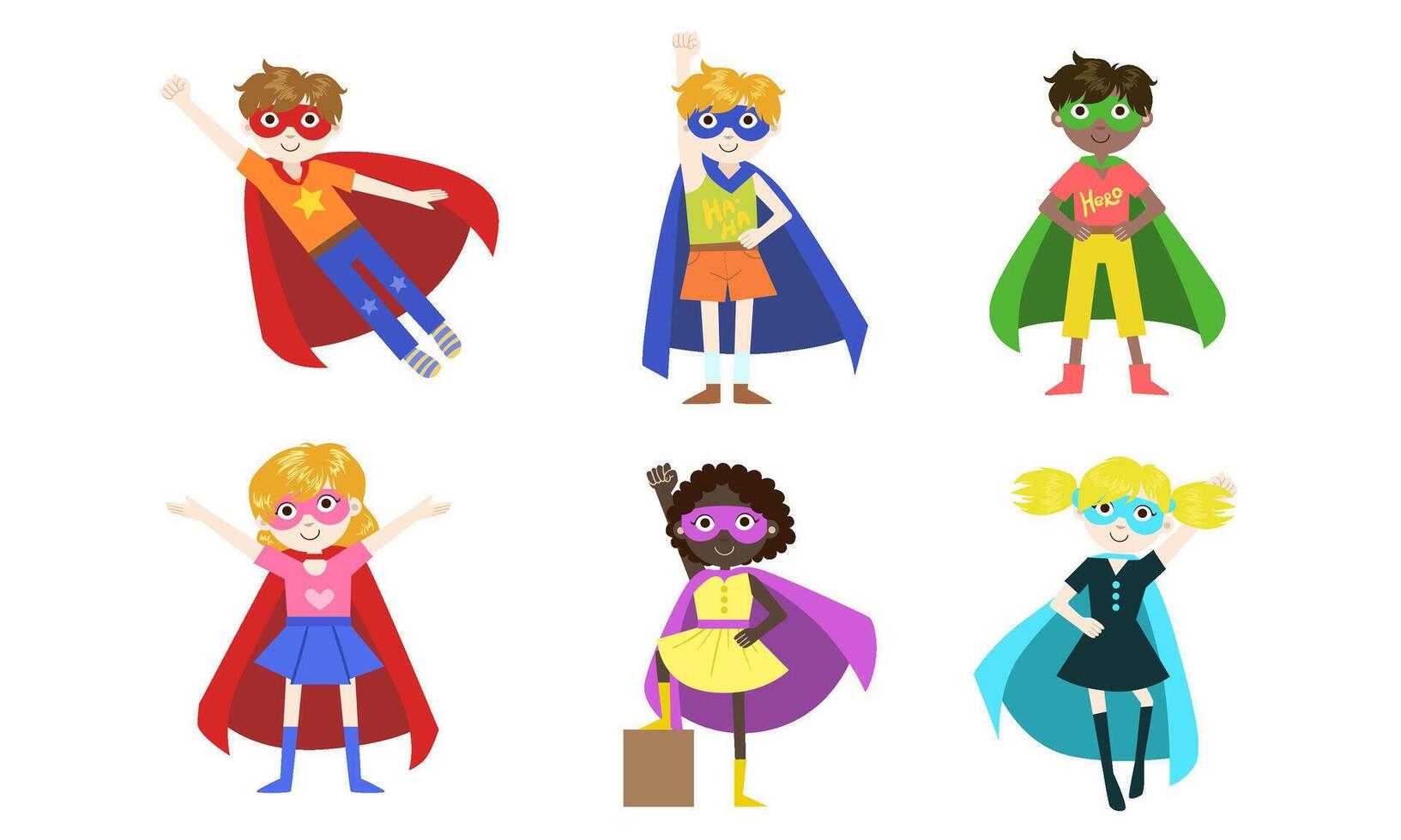 Cute Superhero Kids of Various Nationalities Set, Happy Adorable Boys and Girls in Costumes of Superhero, Capes amd Masks Illustration vector