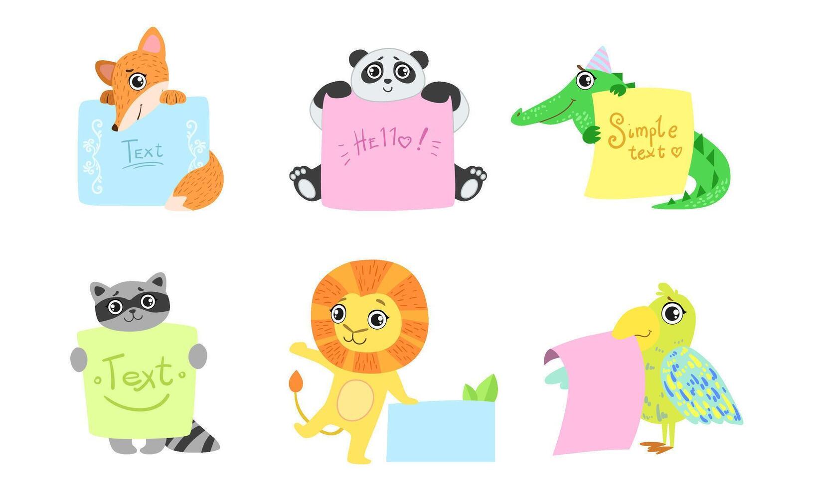 Cute Animals Holding Banners Set, Adorable Happy Cartoon Characters Standing with Blank Sheets of Paper, Fox, Panda Bear, Crocodile, Raccoon, Lion, Exotic Bird Illustration vector