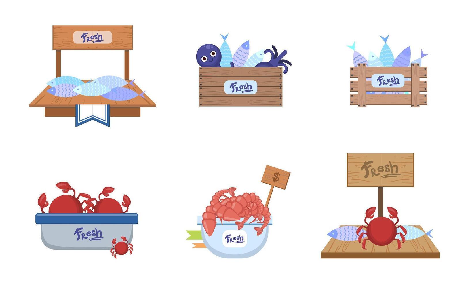 Seafood Market Design Elements Set, Freshness Fish and Sea Products on Counters Illustration vector