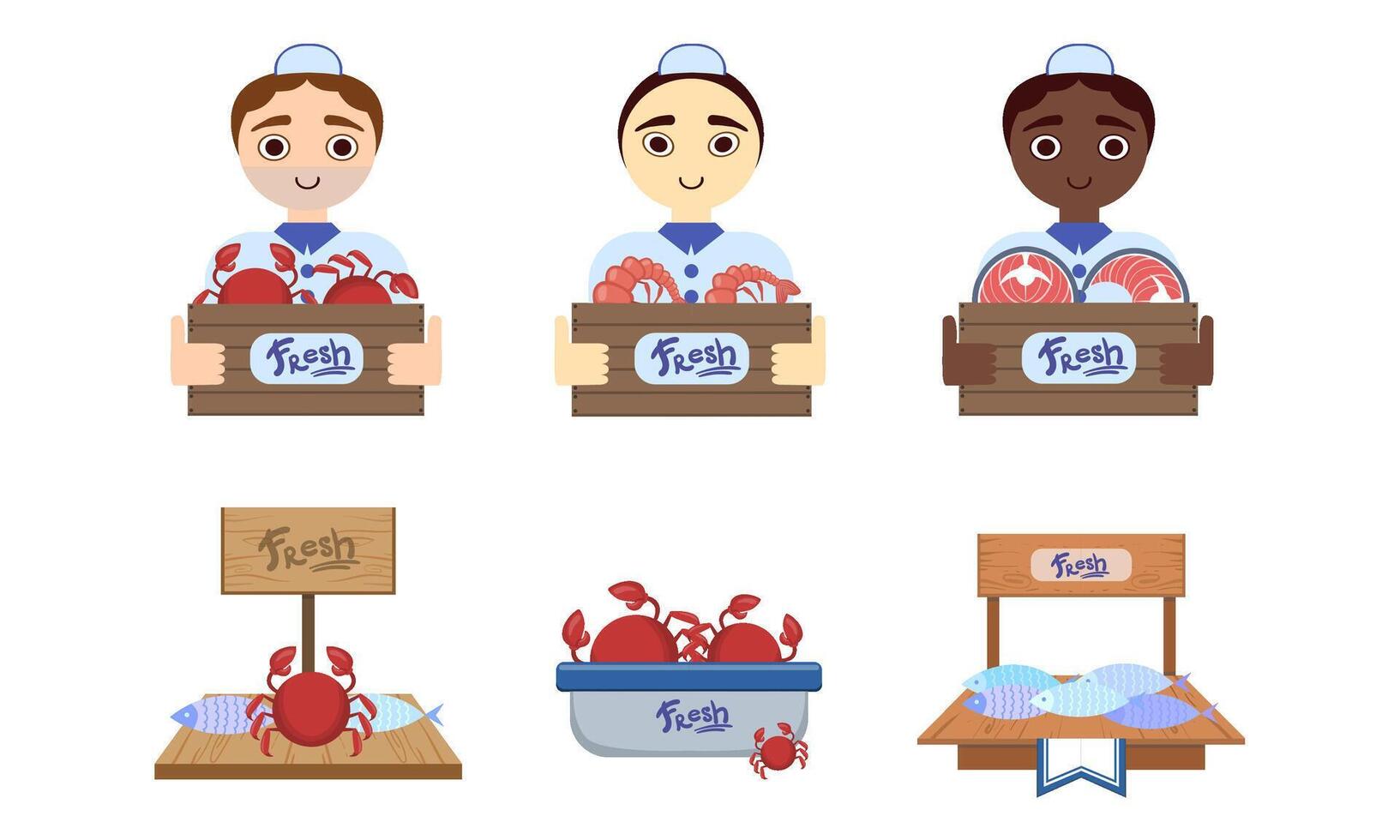 Seafood Market Design Elements Set, Sellers Holding Wooden Crates with Freshness Fish Illustration vector