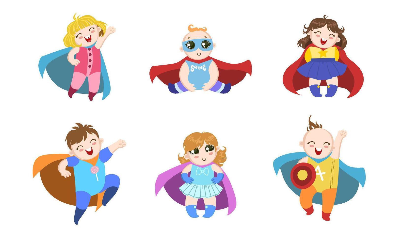Cute Superhero Babies Set, Happy Adorable Boys and Girls in Costumes of Superhero and Capes Illustration vector