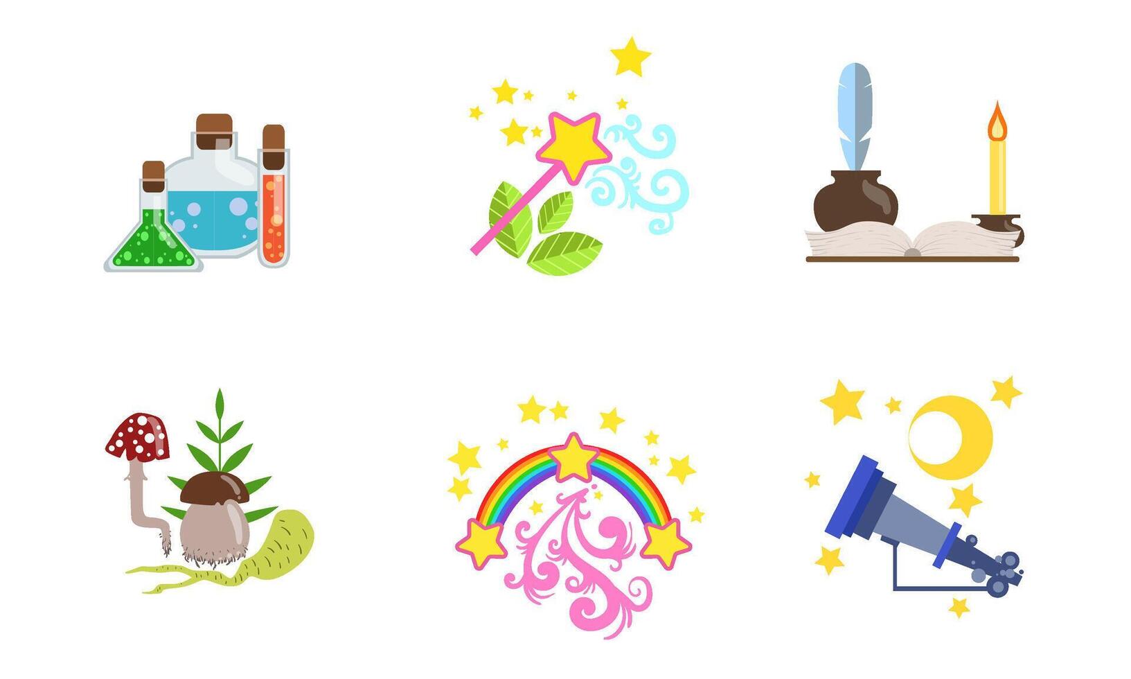 Fairytale Fantasy Magical Equipment Set, Potion, Magic Wand, Magic Book, Fly Agaric, Rainbow, Telescope Illustration vector
