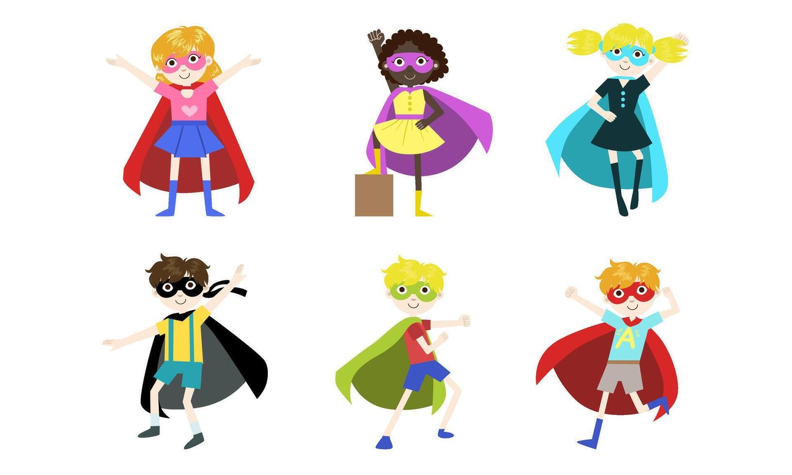 Superhero Kids Set, Happy Cute Boys and Girls in Costumes of Superhero, Capes amd Masks Illustration vector