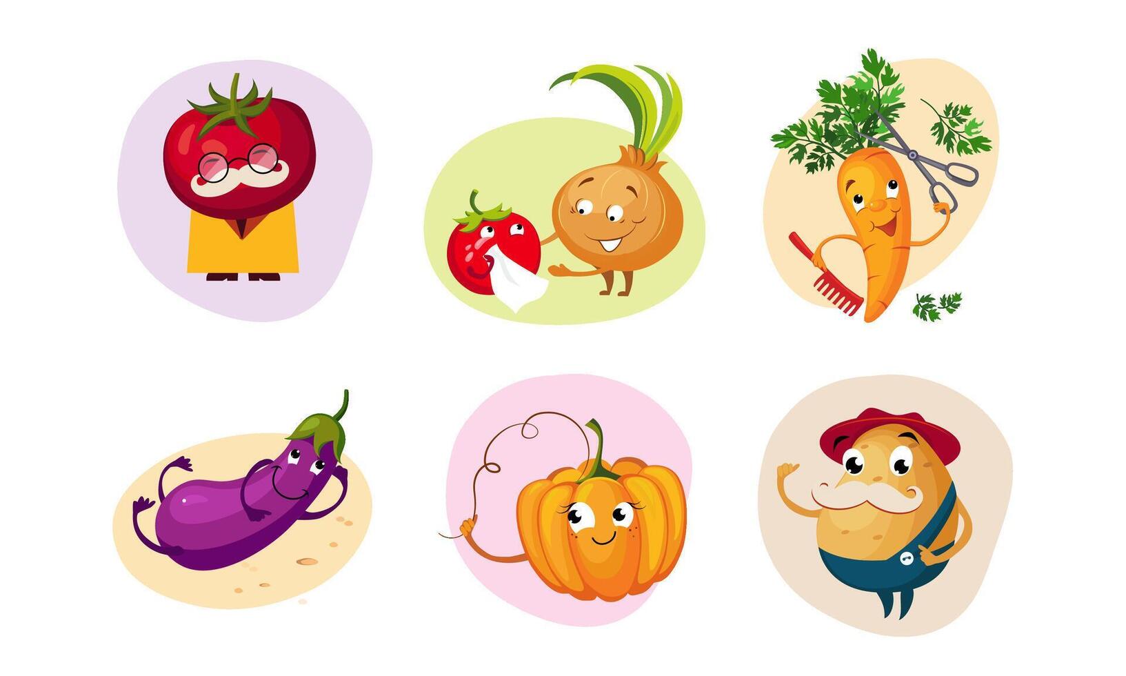 Cute Happy Vegetables Characters Set, Funny Mascots with Smiling Faces, Eggplant, Pumpkin, Potato, Onion, Tomato, Carrot Illustration vector