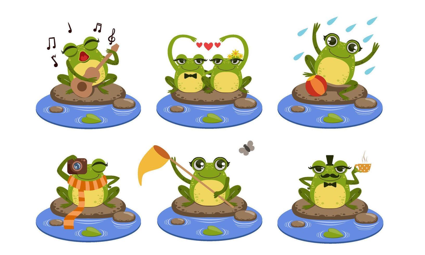 Green Funny Frog Characters Set, Cute Humanized Amphibian Animal in Different Situations Illustration vector