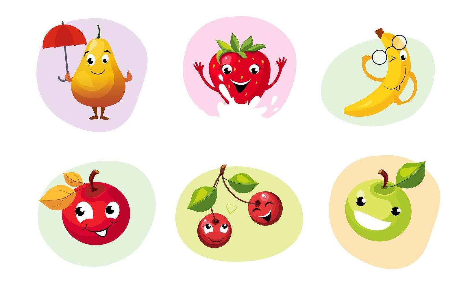 Cute Happy Fruits Characters Set, Funny Mascots with Smiling Faces, Pear, Strawberry, Banana, Apple, Couple of Cherries Illustration vector