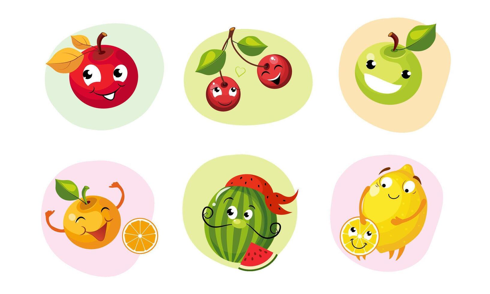 Cute Happy Fruits Characters Set, Funny Mascots with Smiling Faces, Apple, Cherries, Orange, Watermelon, Lemon Illustration vector