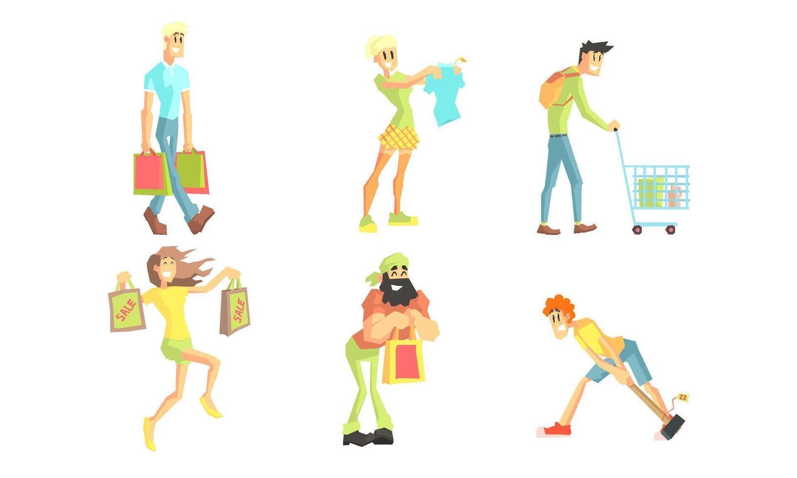 Shopping People Set, Smiling Young Women and Men Characters Paper Bags and Cart with Goods, People Taking Part in Seasonal Sale at Store Illustration vector