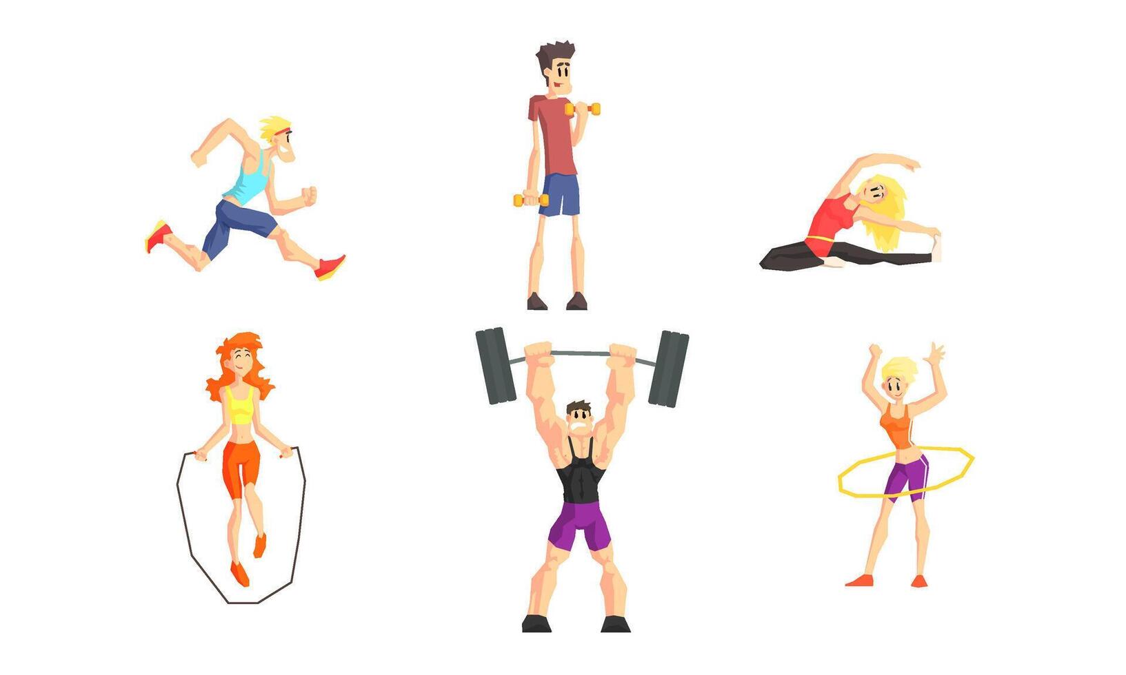 People Performing Various Sports Activities Set, Young Men and Women Running, Exercising with Dumbbells and Barbell, Jumping with Rope Illustration vector