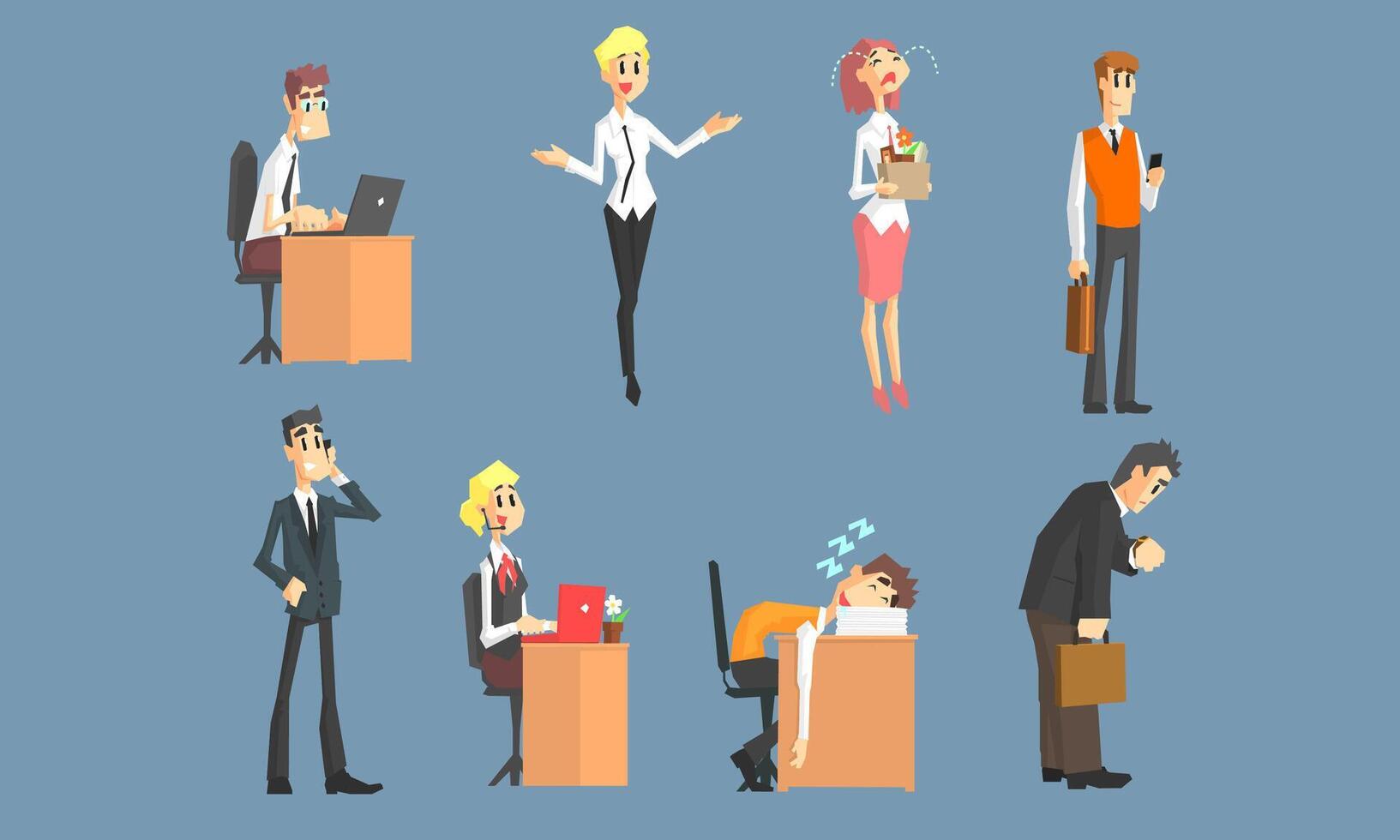 Business Characters Working in Office Set, Male and Female Managers in Different Situations Illustration vector