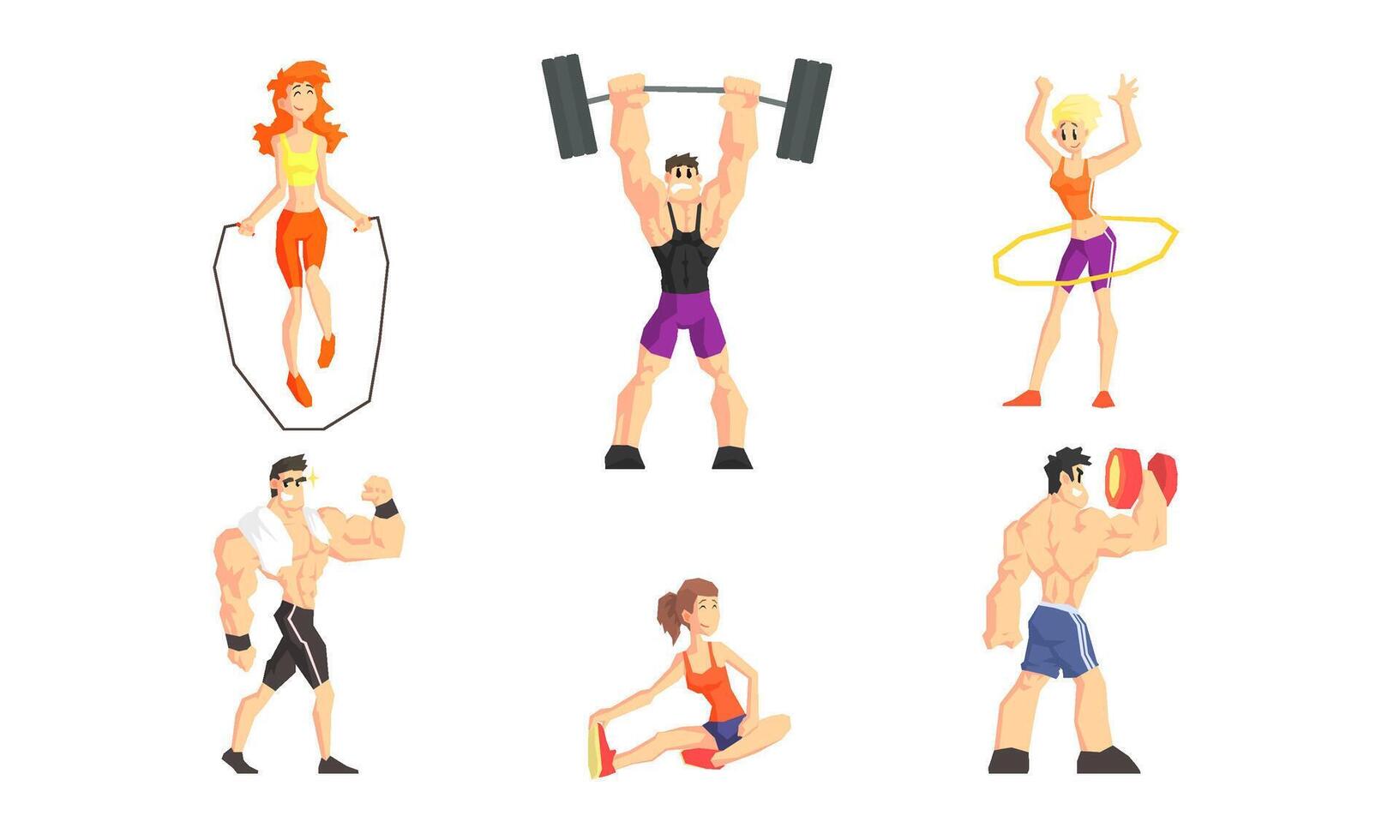 People Performing Various Sports Activities Set, Young Men and Women Lifting Barbell, Jumping with Rope, Doing Fitness Exercises Illustration vector
