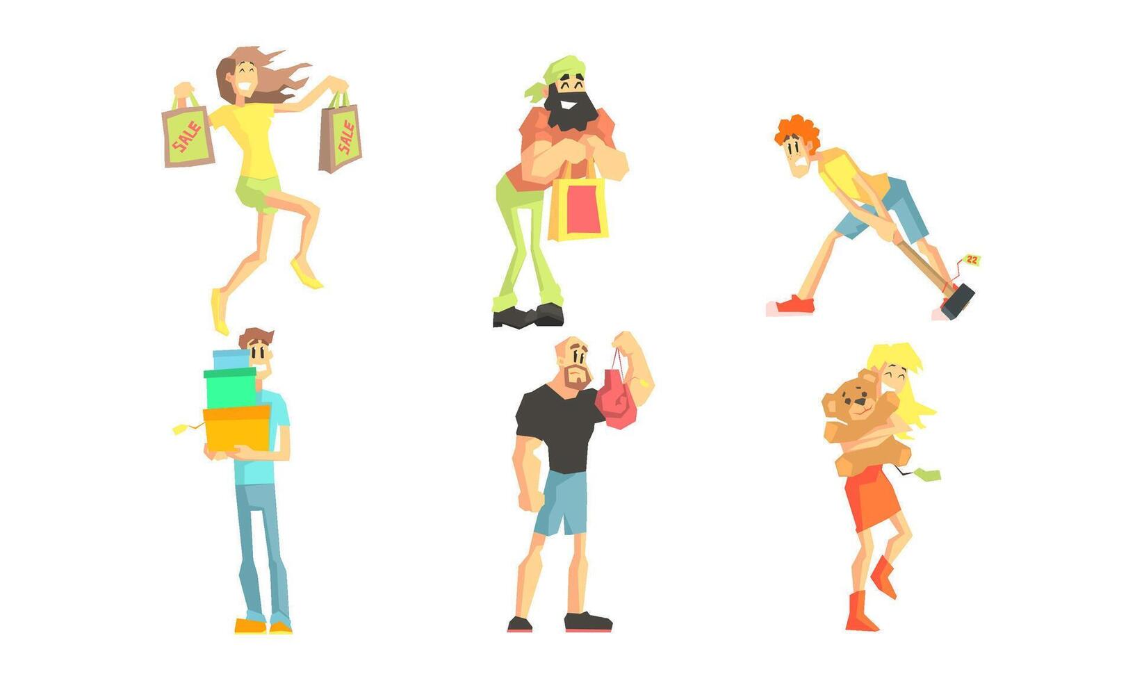 Shopping People Set, Smiling Young Women and Men Characters Paper Bags and Gift Boxes, People Taking Part in Seasonal Sale at Store Illustration vector