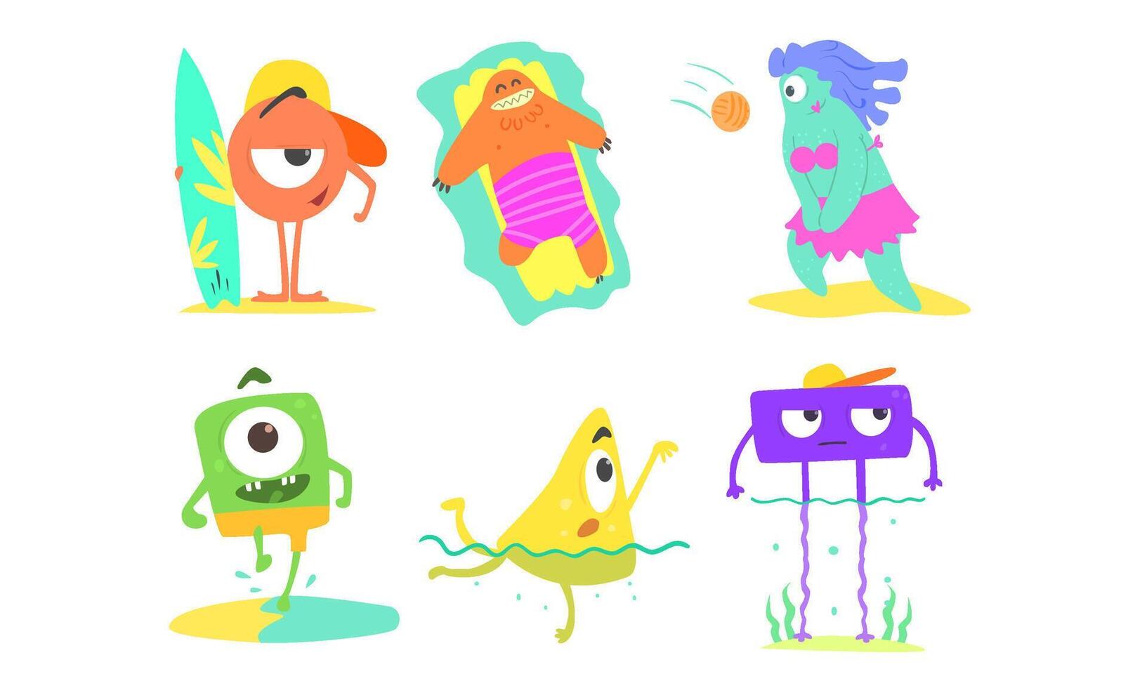 Funny Monsters on Beach Set, Cute Happy Mutants Playing Volleyball, Sunbathing, Surfing and Having Fun Illustration vector