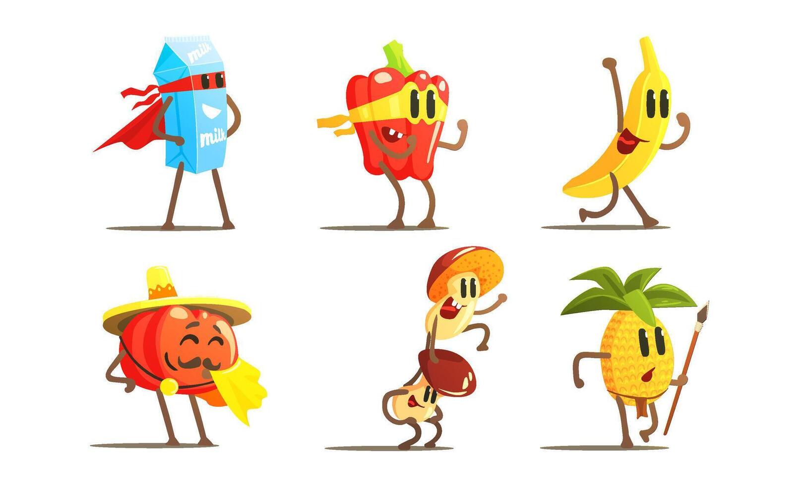 Superhero Food In Masks And Capes Set, Funny Humanized Characters In Costumes Illustration vector