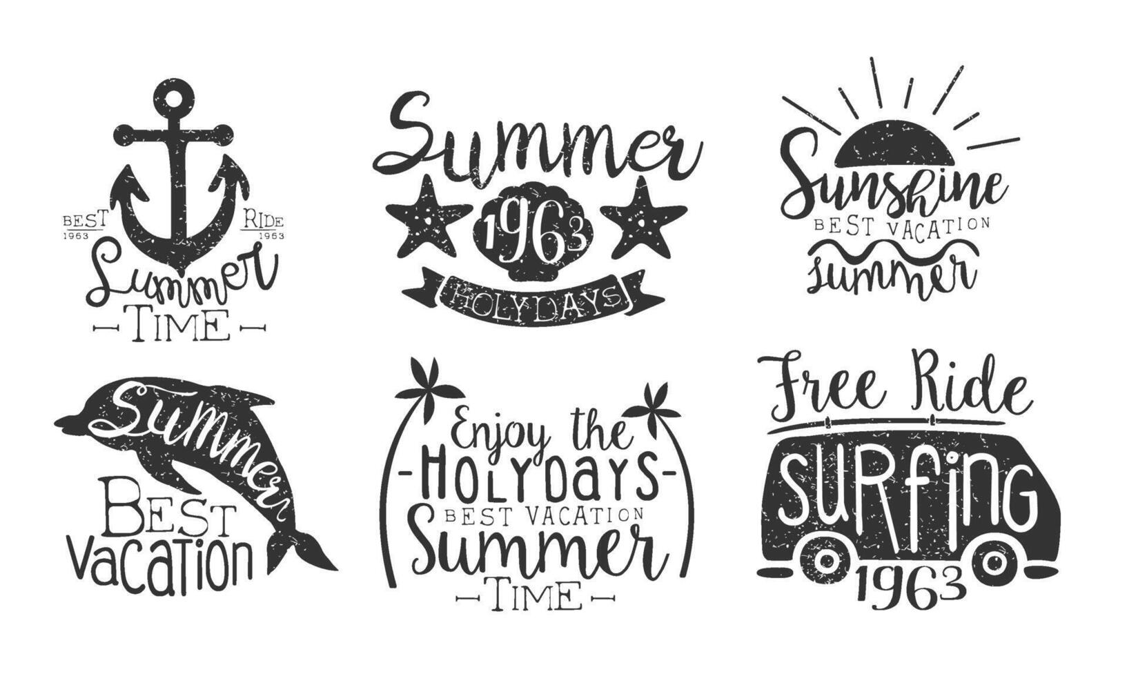 Summer Time Retro Labels Set, Enjoy the Holidays, Surfing Free Ride Hand Drawn Badges Illustration vector