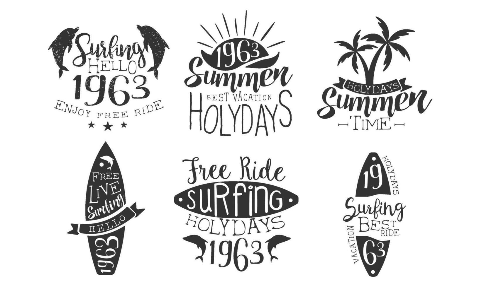 Summer Time Retro Labels Set, Best Vacation, Free Ride Surfing Holidays Hand Drawn Badges Illustration vector