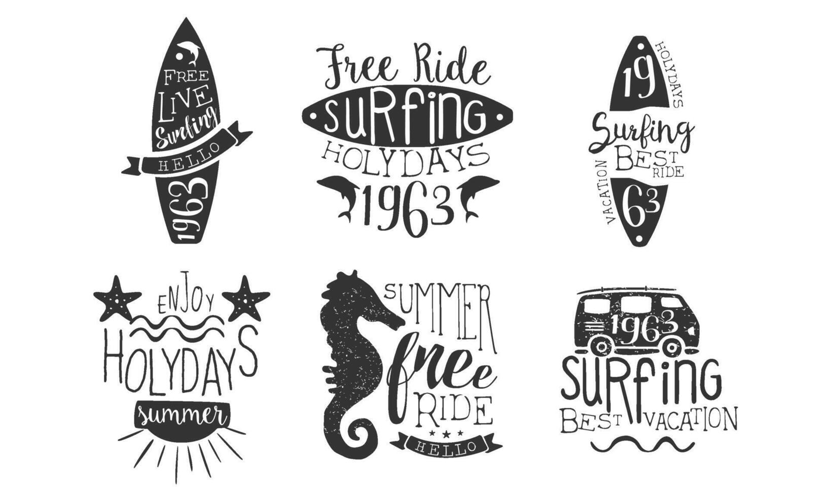 Summer Holidays Retro Labels Set, Summer Free Ride, Surfing Holidays Hand Drawn Badges Illustration vector