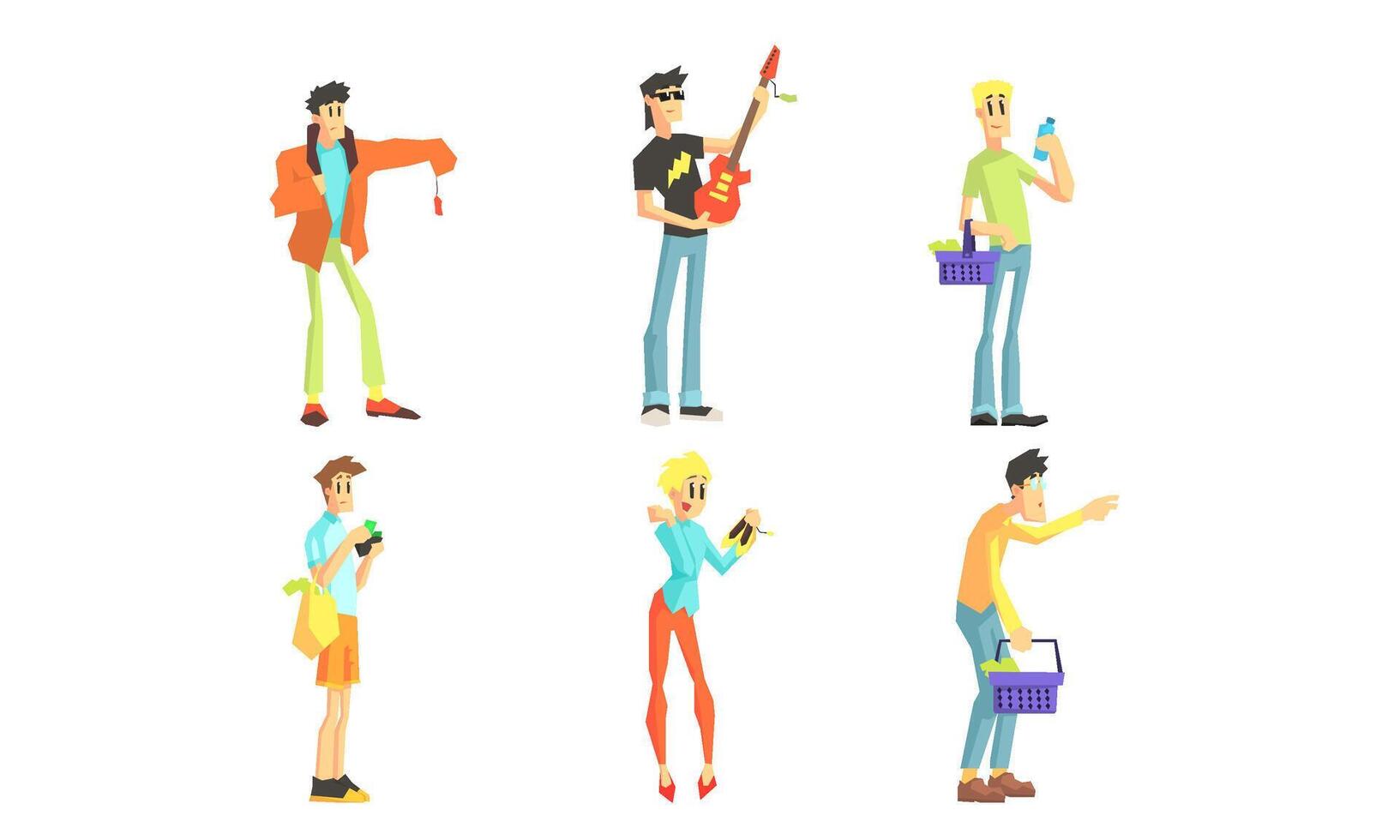 Shopping People Set, Smiling Young Women and Men Characters Enjoying Shopping at Mall Illustration vector
