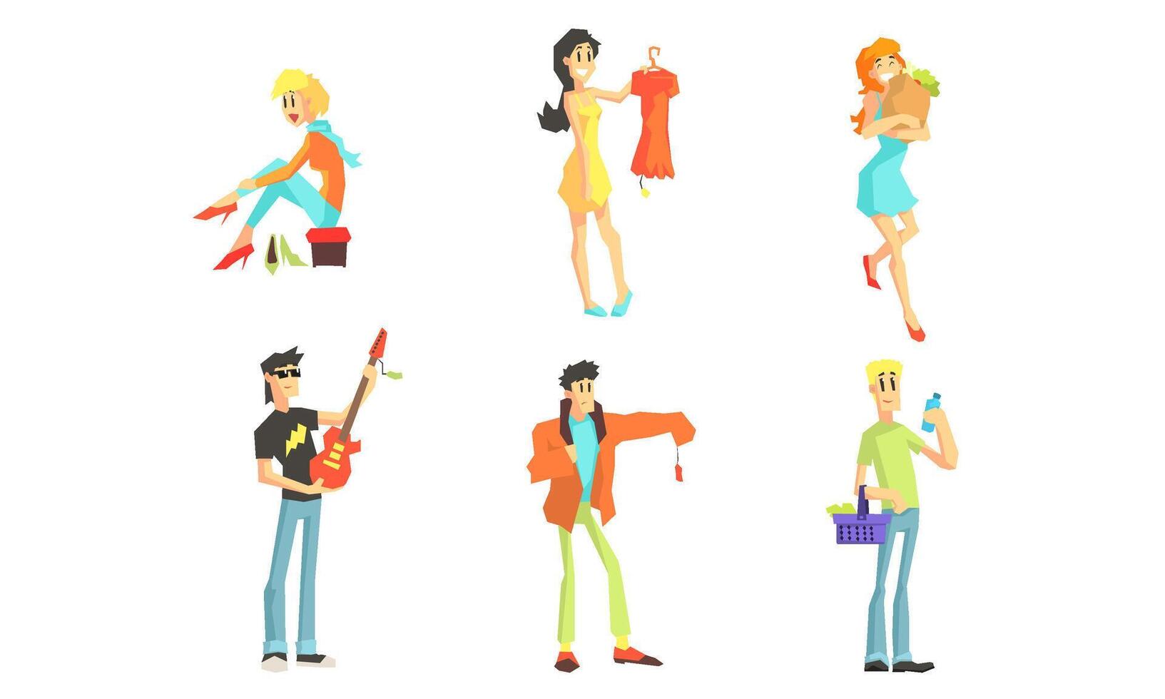 Shopping People Set, Smiling Young Women and Men Characters Enjoying Shopping at Store Illustration vector