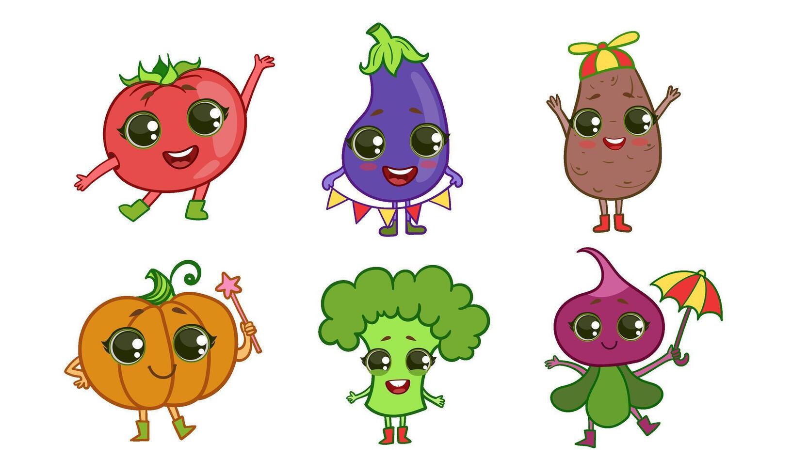 Colorful Cute kawaii Vegetables Set, Vegetarian Food Characters with Funny Faces, Tomato, Eggplant, Potato, Pumpkin, Broccoli, Beetroot Illustration vector